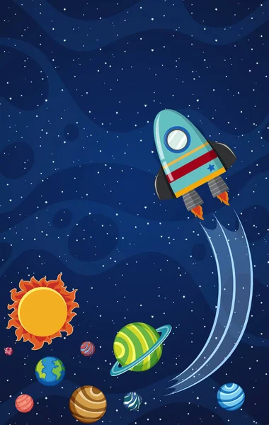 Tema latar belakang ruang dengan roket terbang di malam hari - Stok Vektor
