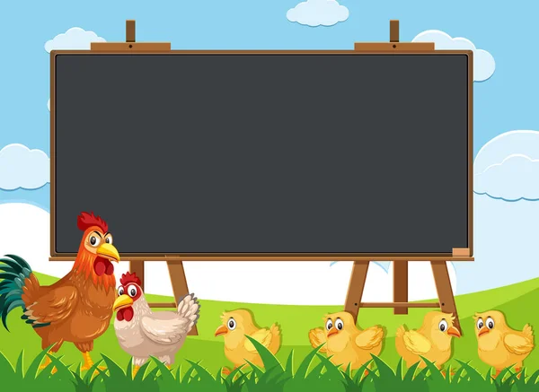 Schoolbord template met veel kippen lopen in het veld — Stockvector