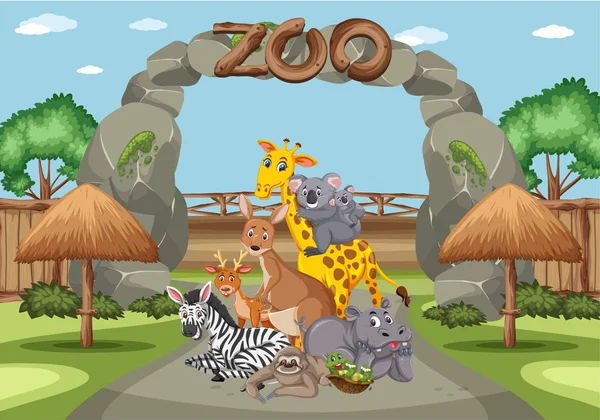 Scene with wild animals in the zoo at day time — Stock Vector