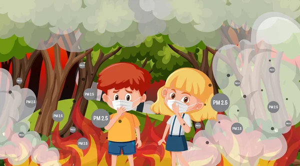 Scene with boy and girl in the big wildfire — Stock Vector