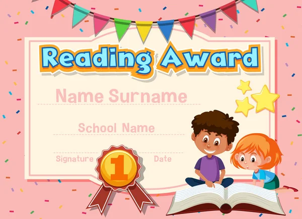 Plantilla de certificado para el premio de lectura con niños leyendo atrás — Archivo Imágenes Vectoriales