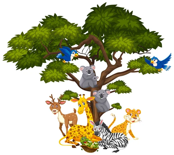 Árbol grande y muchos animales diferentes en él — Vector de stock