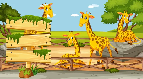 Drewniany szablon z czterema żyrafami w parku — Wektor stockowy