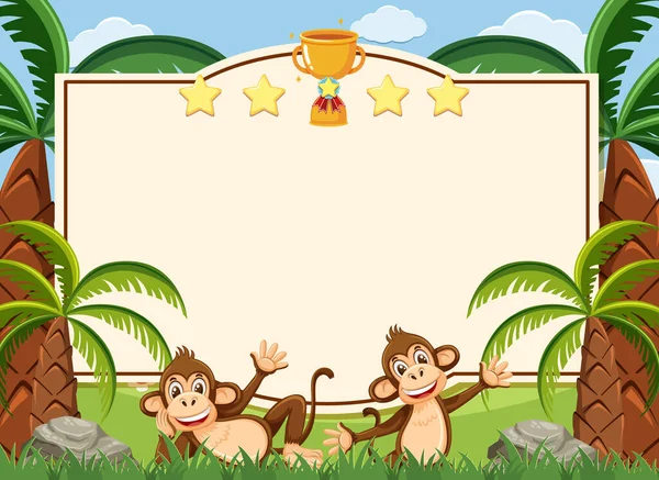 Banner sablon két boldog majommal a parkban — Stock Vector