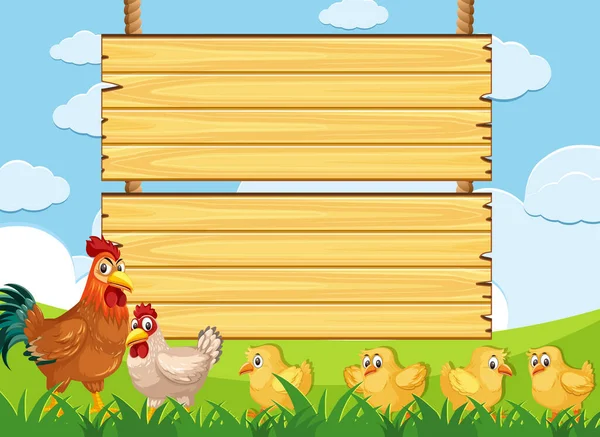 Modelo de sinal de madeira com galinhas na fazenda —  Vetores de Stock