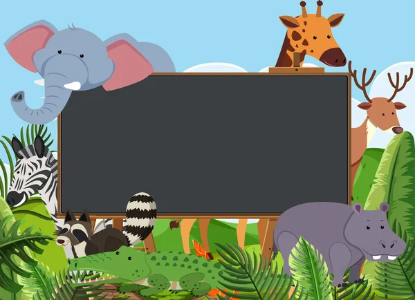 Blackboard template design with many wild animals in the field — Wektor stockowy