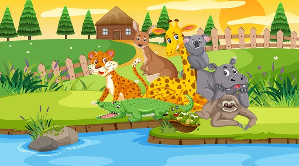 Scéna s divokými zvířaty na poli u řeky při západu slunce — Stockový vektor