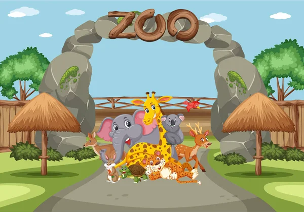 Escena con animales salvajes en el zoológico durante el día — Archivo Imágenes Vectoriales