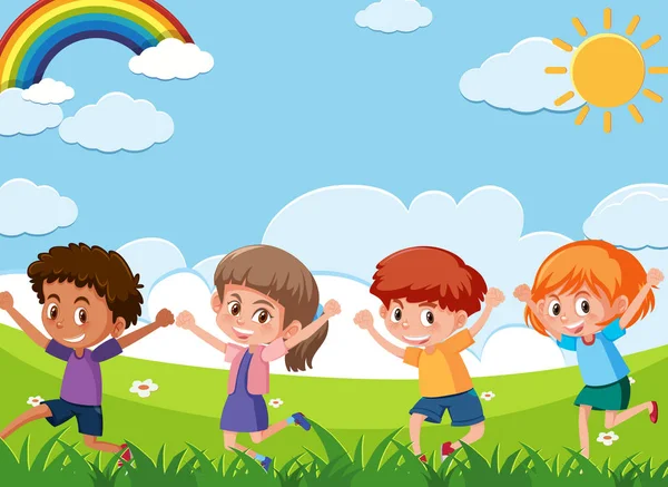 Escena con cuatro niños felices jugando en el campo — Vector de stock