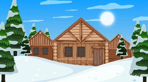 Scène met houten huisje en dennenbomen in het sneeuwveld — Stockvector