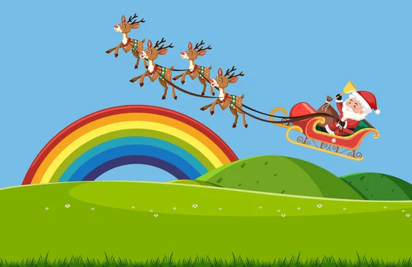 Cena com Papai Noel voando no céu sobre o campo verde — Vetor de Stock
