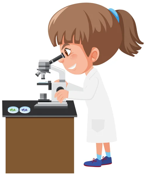 Chica en vestido de ciencia mirando diferentes células a través de microsco — Vector de stock