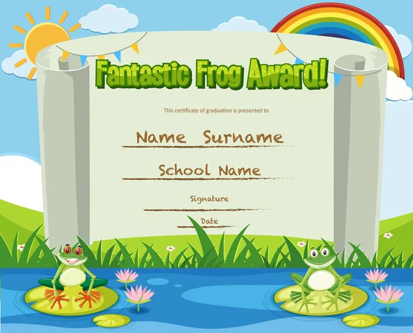 Certificate template for fantastic award with frogs in backgroun — Stockvector