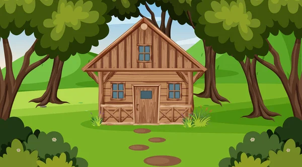 Scène met houten huisje in het veld — Stockvector