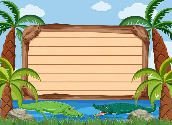 Wooden sign template with crocodiles in the river — 스톡 벡터