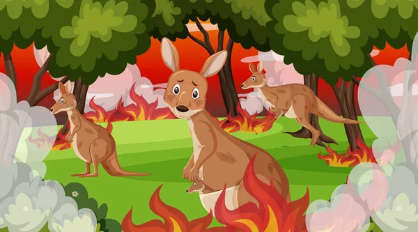 숲 속에 갇힌 동물들 과 함께 큰 산불이 나는 장면 — 스톡 벡터