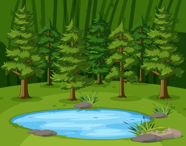 Σκηνή με μεγάλα πράσινα δέντρα δίπλα στη λίμνη — Διανυσματικό Αρχείο