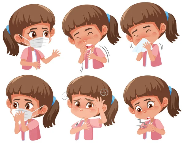 Set of sick girl with different symptoms of coronavirus