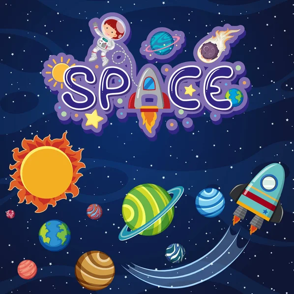 Tema de fundo do espaço com nave espacial e sistema solar —  Vetores de Stock