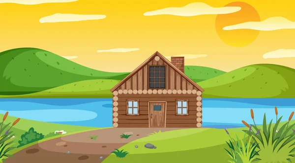 Scene with wooden cottage in the field — Stock Vector