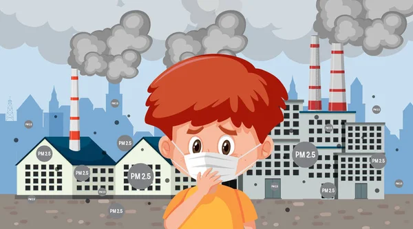 Мальчик в маске в городе с фабричным дымом — стоковый вектор