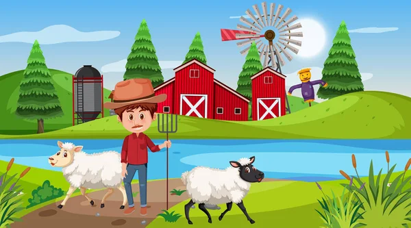 Granja escena con granjero y oveja en la colina — Vector de stock