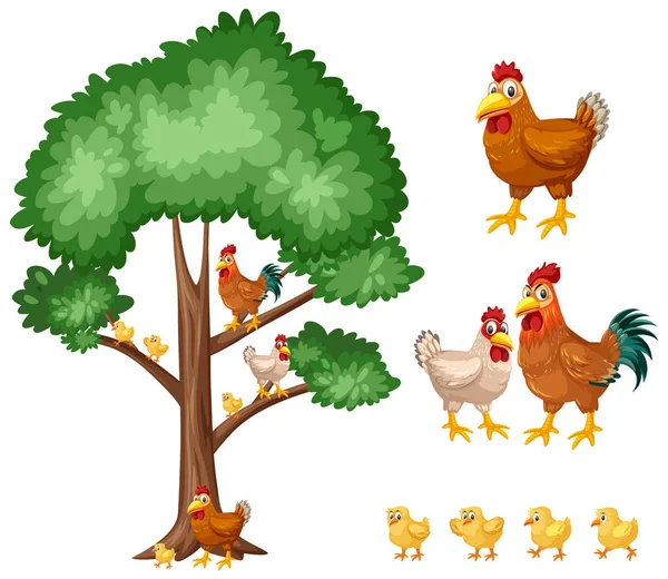 Velký strom a kuřata na bílém pozadí — Stockový vektor