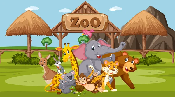 Scene with wild animals in the zoo at day time — Stock Vector