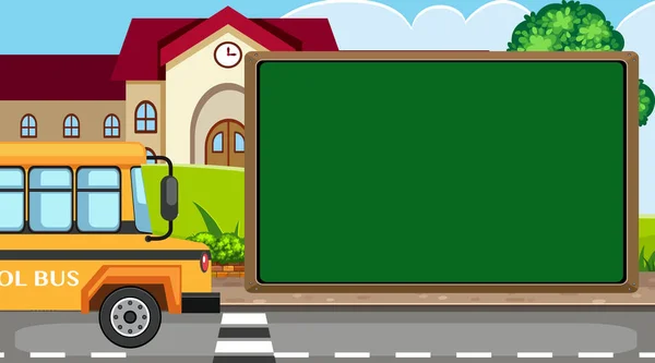 Szablon graniczny z autobusem szkolnym i szkołą — Wektor stockowy