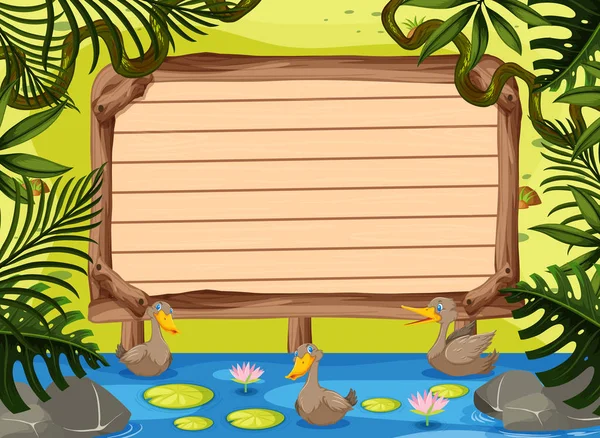 Modelo de placa de madeira com patos nadando no rio — Vetor de Stock