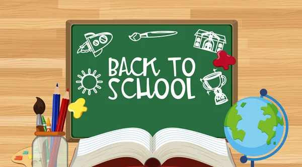 Volver a la escuela signo con muchos artículos escolares — Vector de stock