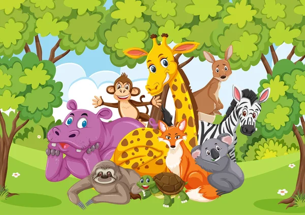 Scéna s mnoha divokých zvířat v parku — Stockový vektor