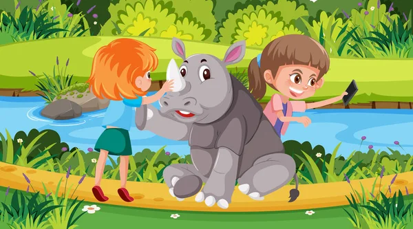 Сцена з дітьми і носоріг в парку — стоковий вектор