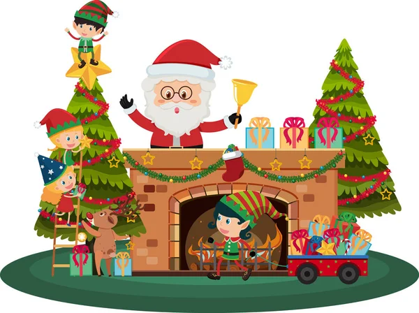 Santa Claus y elfos de Navidad junto a la chimenea — Vector de stock
