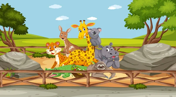 Escena con animales salvajes en el zoológico durante el día — Vector de stock
