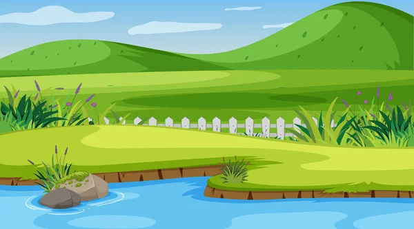 Scène de nature avec petites collines et rivière — Image vectorielle