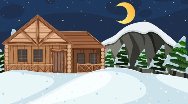 Cena com casa de madeira no campo de neve à noite — Vetor de Stock