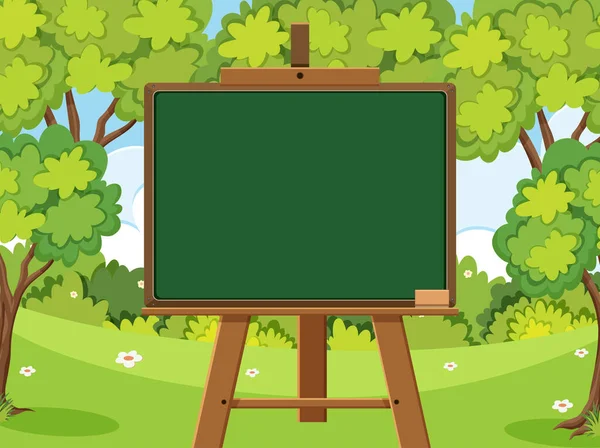 Blackboard template design with many green trees in forest — Stockvector