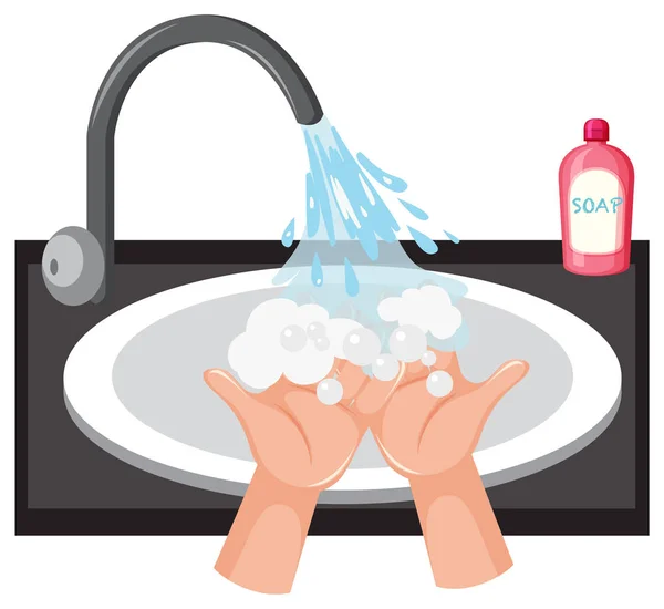 Lavado de manos en el fregadero con jabón — Vector de stock