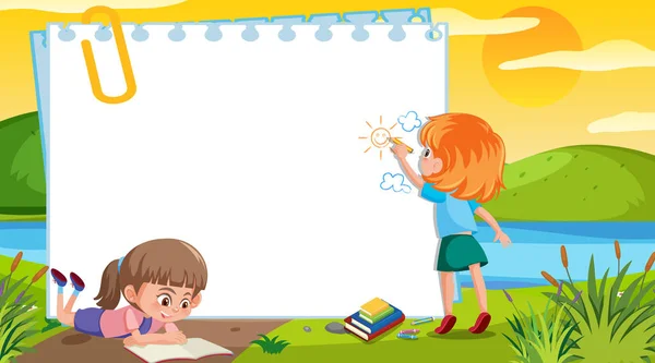 Frame template design with kids drawing in the park background — Stok Vektör