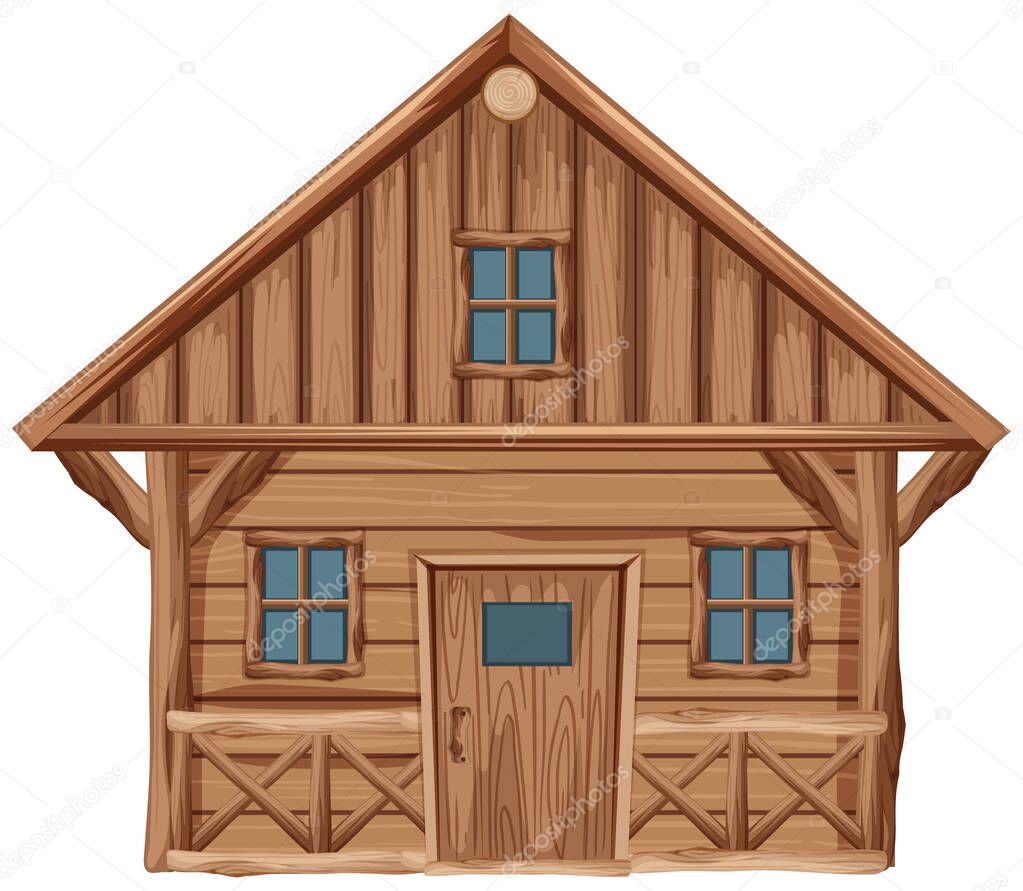 Wooden house with door and windows on white background
