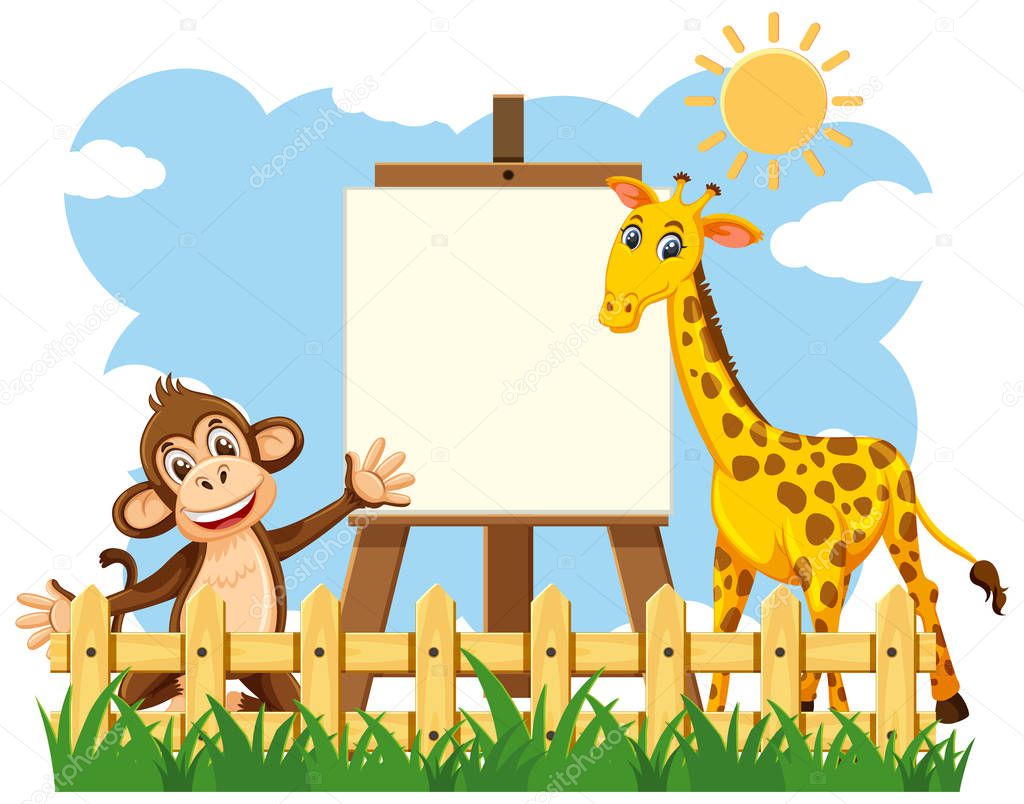 Scene with blank canvas and happy animals in the park