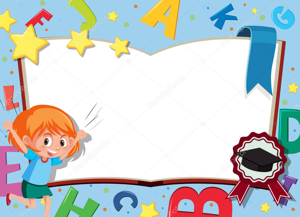 Banner template with happy girl and english alphabets in backgro