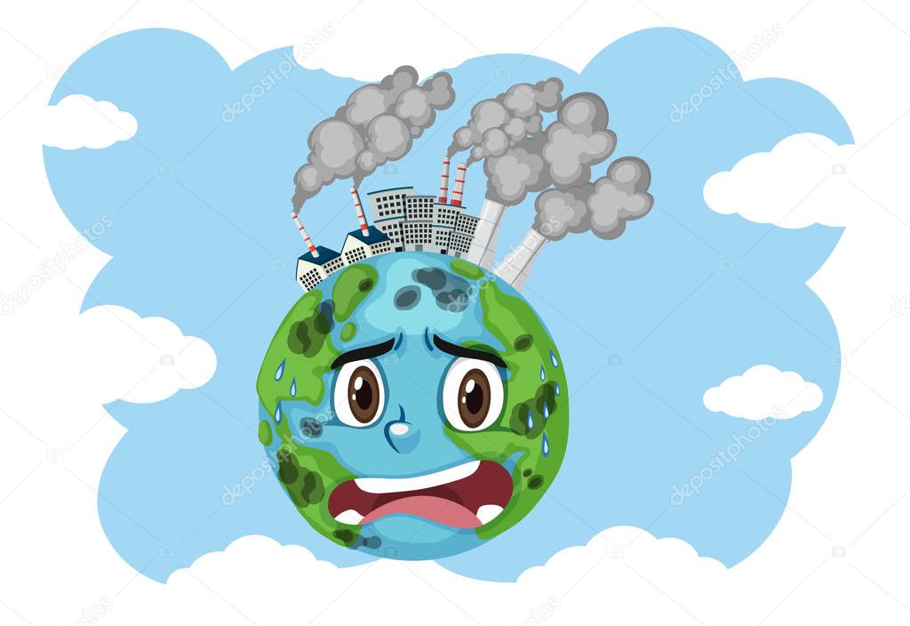Pollution on earth with factory buildings and dirty smoke