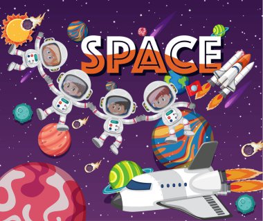 Astronotların ve arka plandaki birçok gezegenin olduğu poster tasarım şablonu