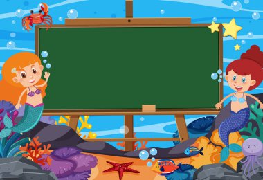 Deniz kızları ve balıkların olduğu karatahta şablon tasarımı.