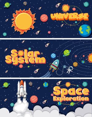 Güneş sistemi resimlemesindeki birçok gezegenden oluşan üç arkaplan tasarımı