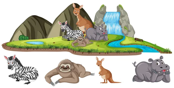 Scena Con Molti Animali Selvatici Dalla Cascata Illustrazione — Vettoriale Stock