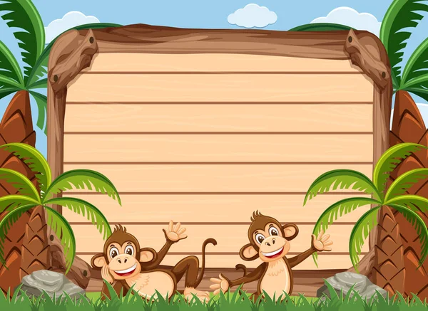 Wooden Sign Template Two Happy Monkeys Park Illustration — Stock Vector