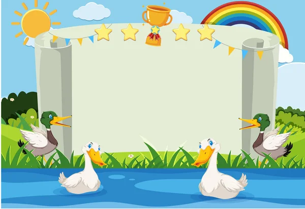 Modelo Bandeira Com Patos Nadando Ilustração Rio — Vetor de Stock